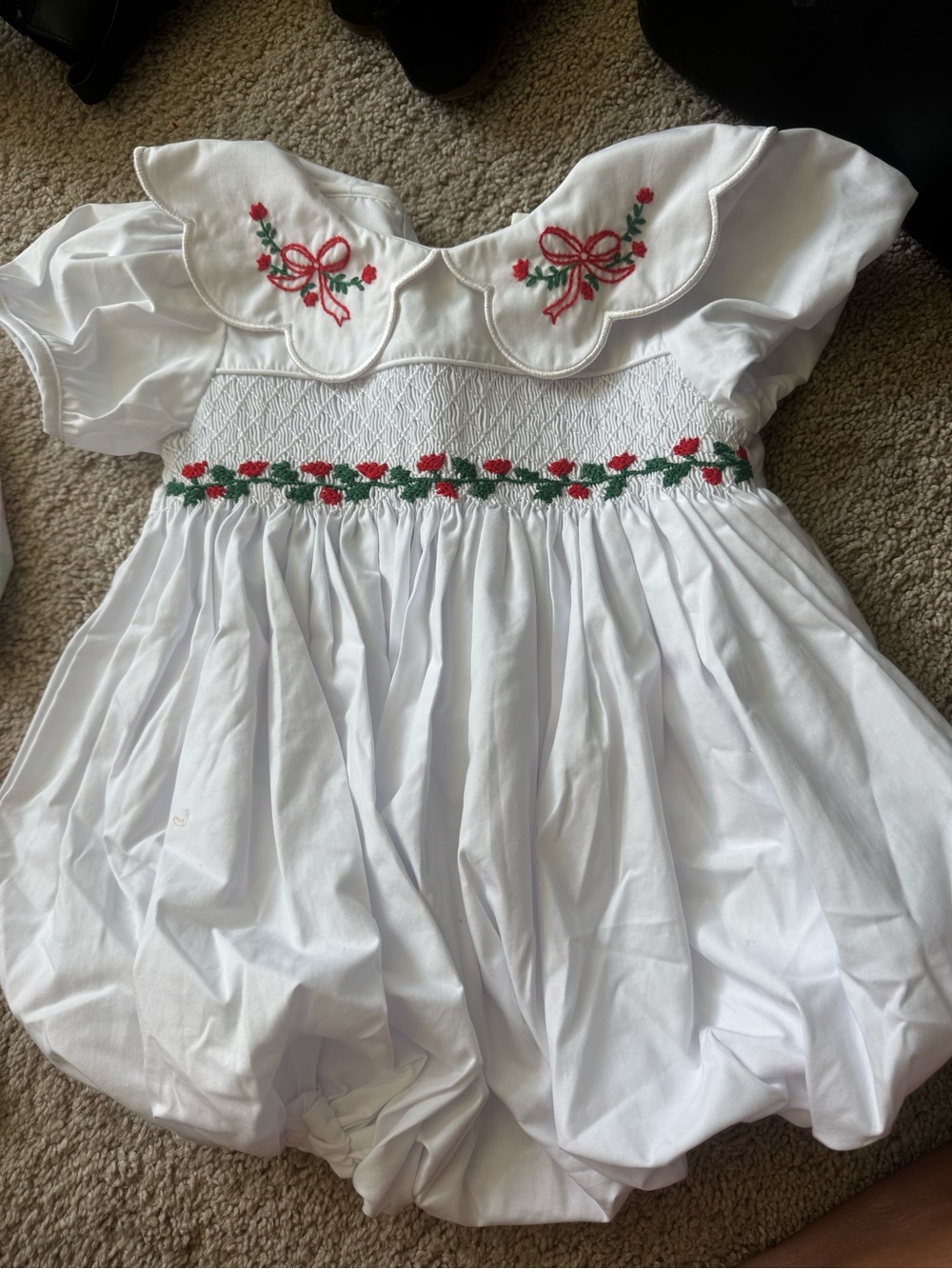 White Smocked Baby One-Piece with Red & Green Embroidery